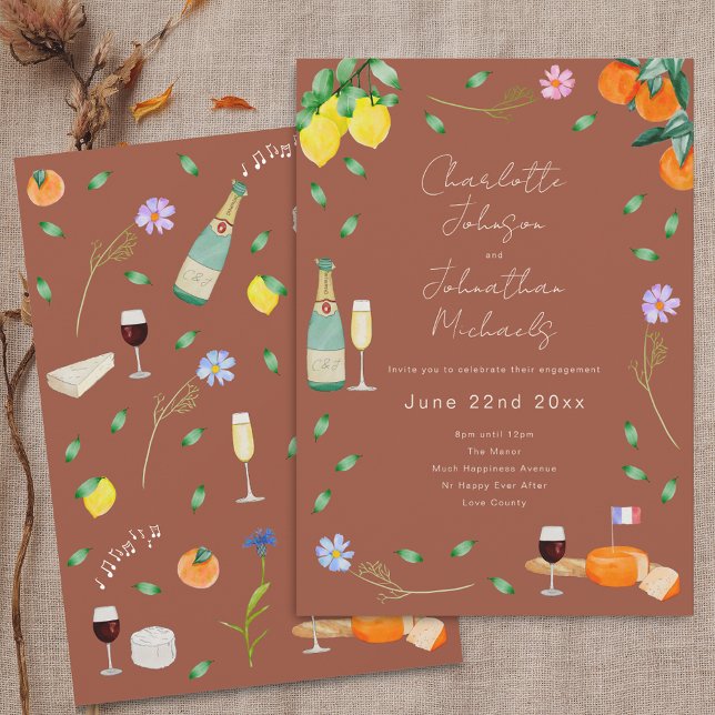Boho Fall Wine & Cheese Engagement Party Invitation (Boho chic fall wine and cheese wedding engagement party terracotta invitation Autumn colors oranges)