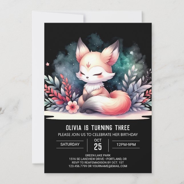 Boho Fantasy Fox Birthday digital Invitation (Front)