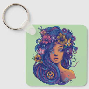 Boho Fantasy Woman with Floral Hair Key Ring