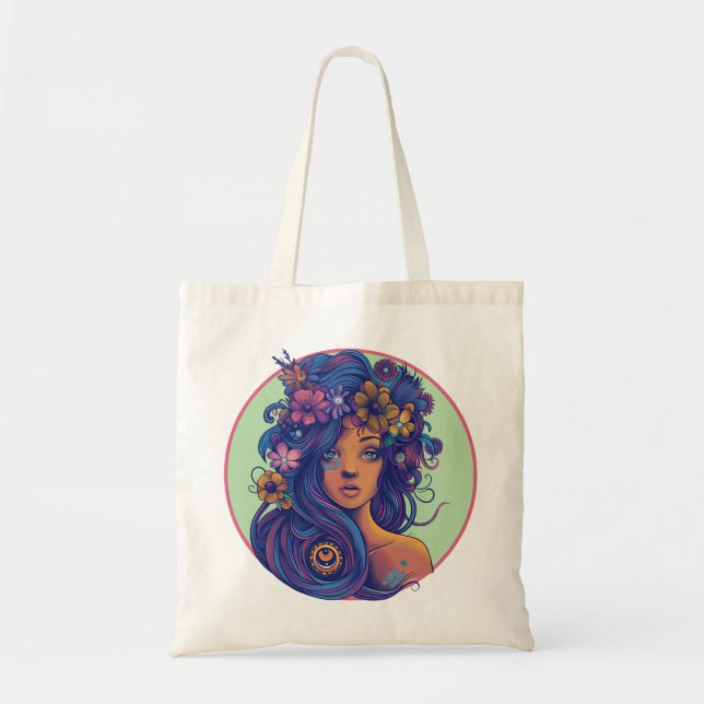 Boho Fantasy Woman with Floral Hair Tote Bag (Front)