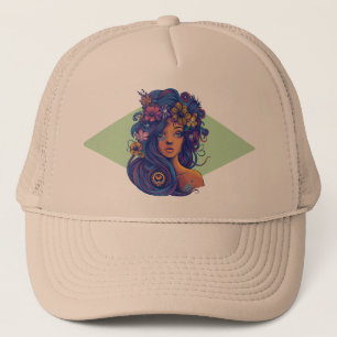 Boho Fantasy Woman with Floral Hair Trucker Hat