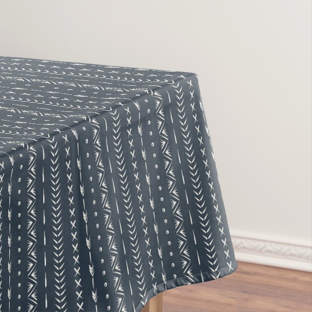 Boho Farmhouse Arrow Stripe Geometric Dark Blue Tablecloth (In Situ)