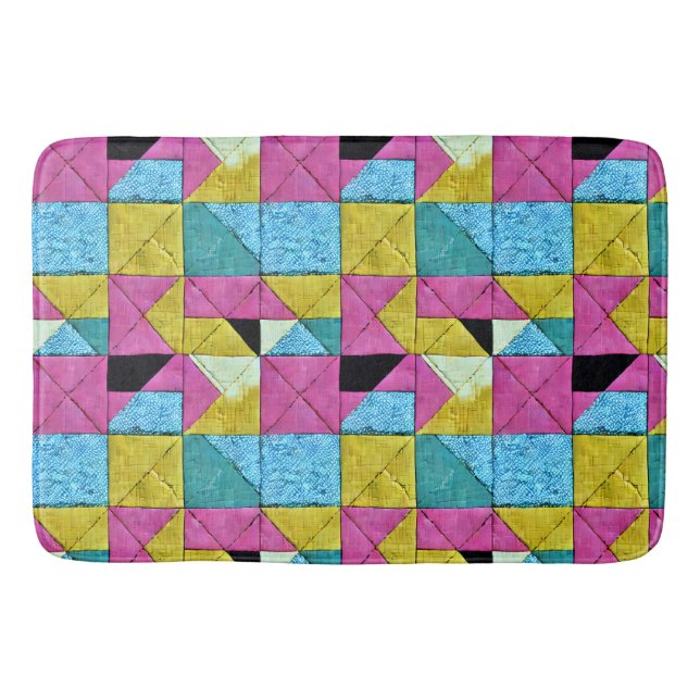 Boho Faux Patchwork Quilt Pink Yellow Blue Bath Mat (Front)