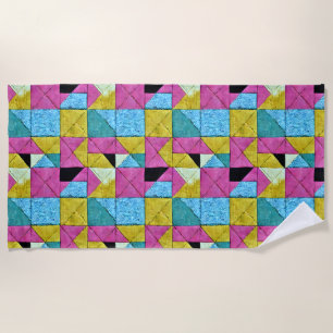 Boho Faux Patchwork Quilt Pink Yellow Blue Beach Towel