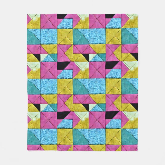 Boho Faux Patchwork Quilt Pink Yellow Blue Fleece Blanket (Front)