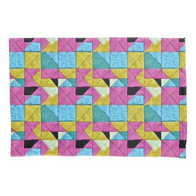 Boho Faux Patchwork Quilt Pink Yellow Blue Pillowcase (Front)