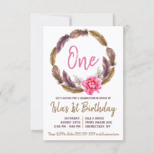 Boho Feather and Floral Wreath Birthday Invitation