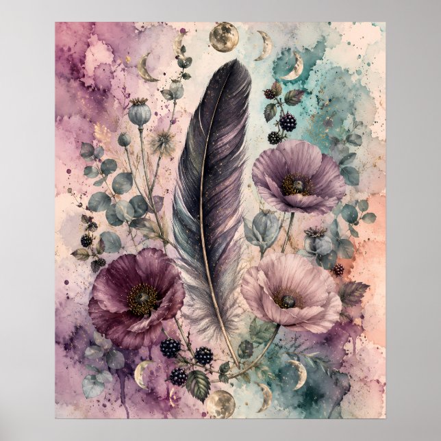Boho Feather and Poppies Celestial Moon Phase Poster (Front)