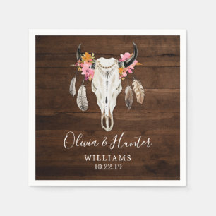 Boho Feather Antler Skull Dark Wood Wedding Napkin