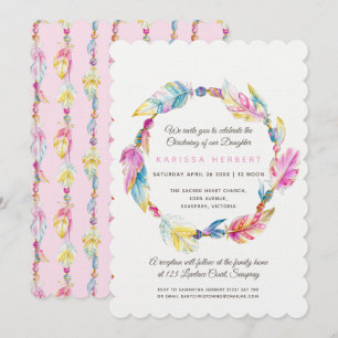 Boho feather beads watercolor pink christening invitation