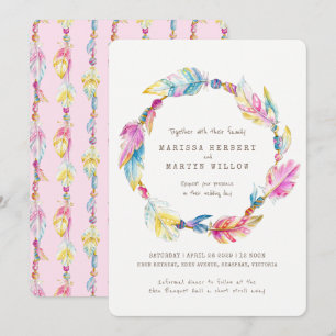 Boho feather beads watercolor pink wedding invites