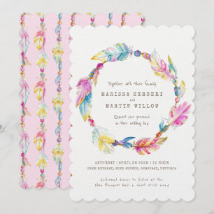 Boho feather beads watercolor pink wedding invites