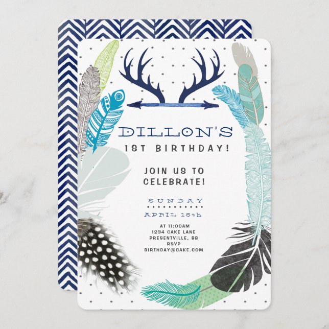 Boho Feather Birthday Invitation (Front/Back)