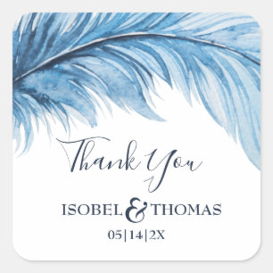 Boho Feather Blue & White Wedding Thank You Square Sticker