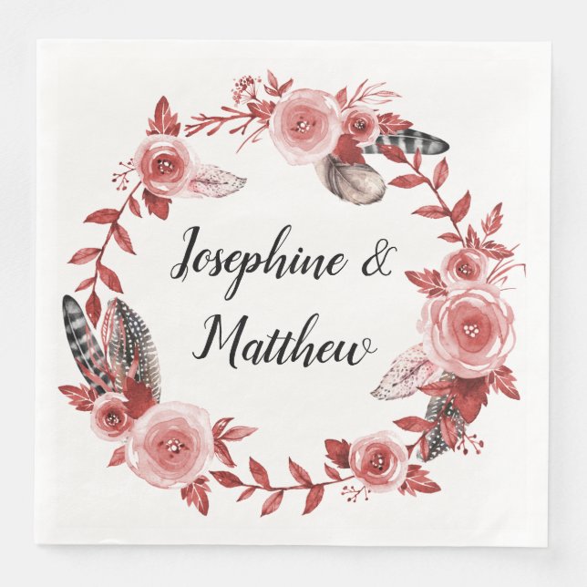 Boho Feather Burgundy Rose Watercolor Wreath Napkin (Front)