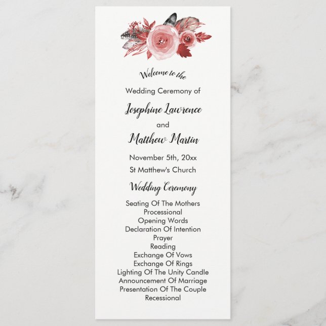 Boho Feather Burgundy Rose Wedding Programs Programme (Front)