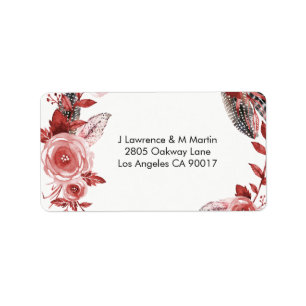 Boho Feather Burgundy Rose Wreath Address Label