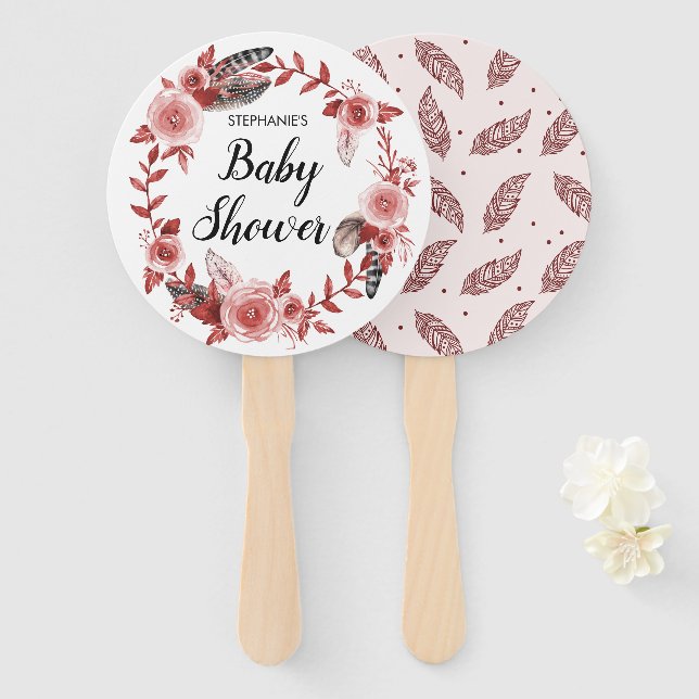 Boho Feather Burgundy Rose Wreath Baby Shower Hand Fan (Front and Back)