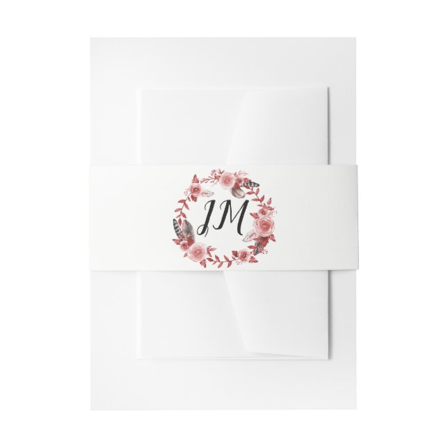 Boho Feather Burgundy Rose Wreath Monogram Invitation Belly Band (Front Example)