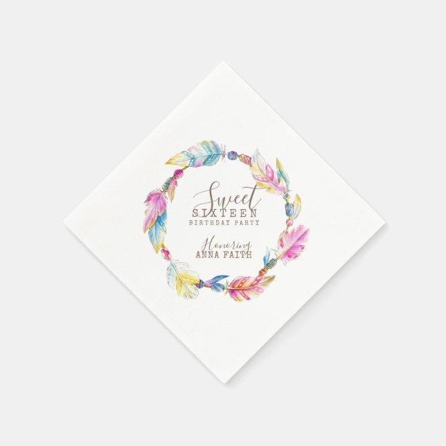 Boho feather colourful art 16th Birthday napkins (Corner)