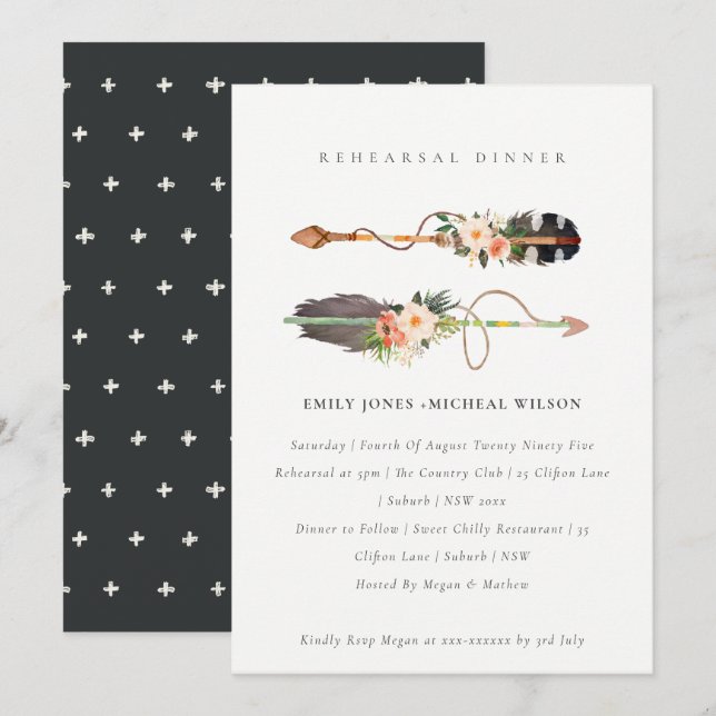 Boho Feather Floral Arrow Rehearsal Dinner Invite (Front/Back)
