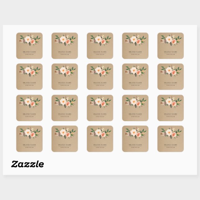 Boho Feather Floral Logo Faux Kraft Custom Square Sticker (Sheet)