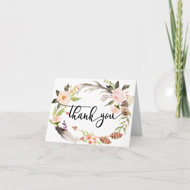 boho feather Floral thank you card (Front)