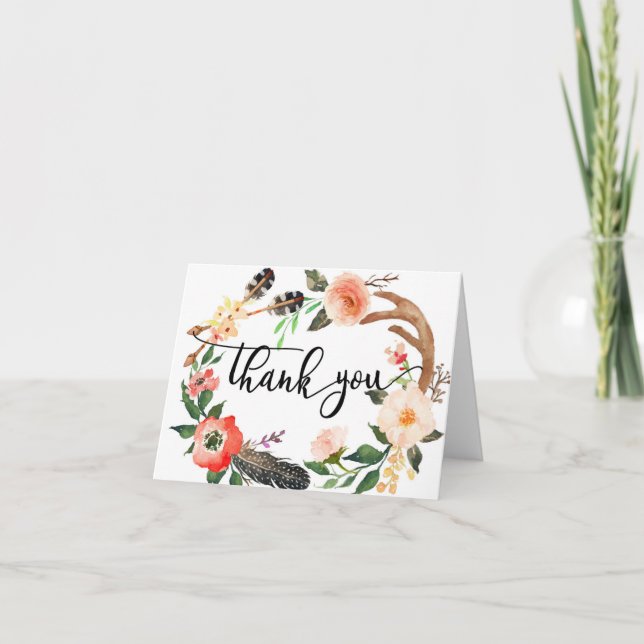 boho feather Floral thank you card (Front)