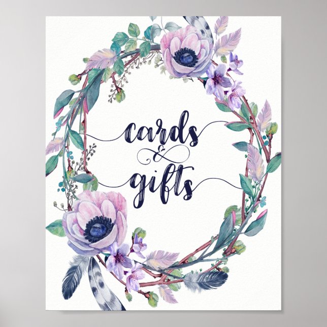 Boho Feather & Floral Wreath Wedding Cards & Gifts Poster (Front)