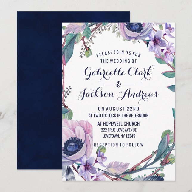 Boho Feather & Floral Wreath Wedding Invitations (Front/Back)