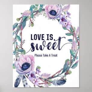 Boho Feather & Floral Wreath Wedding Love is Sweet Poster