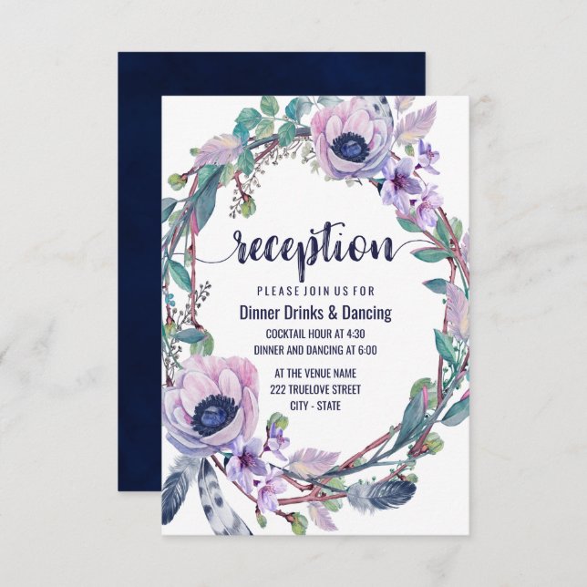 Boho Feather & Floral Wreath Wedding Reception Invitation (Front/Back)