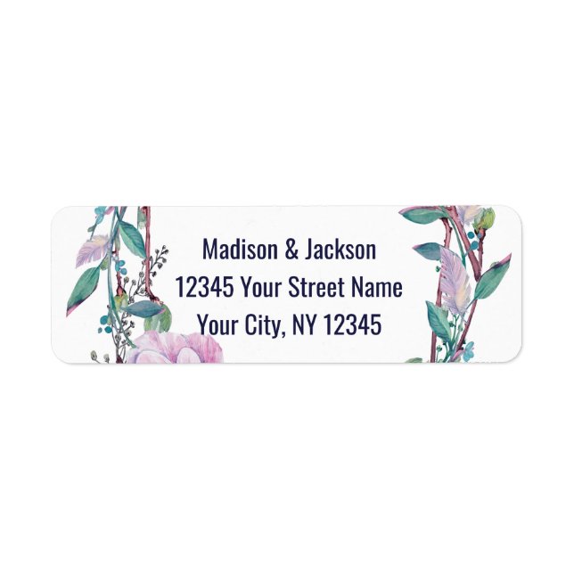 Boho Feather Floral Wreath Wedding Return Address (Front)
