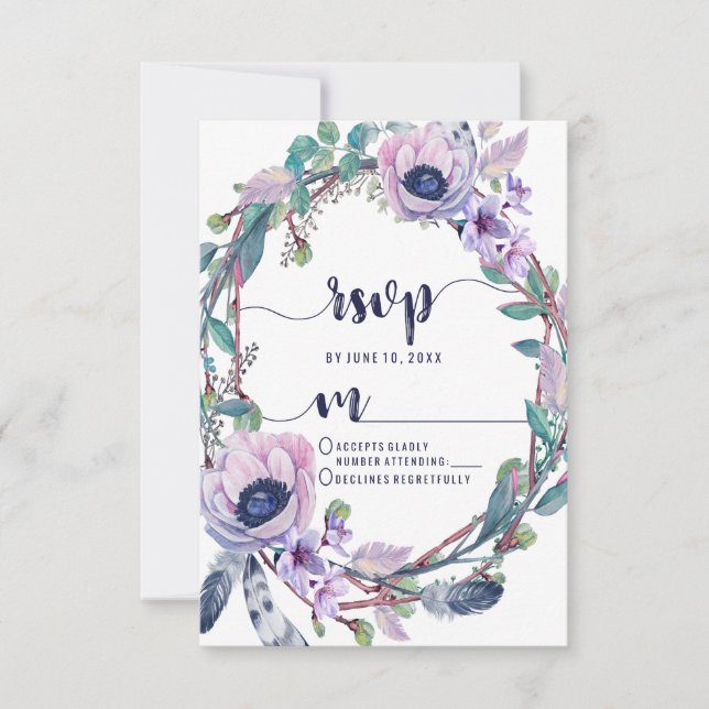Boho Feather & Floral Wreath Wedding RSVP Response (Front)