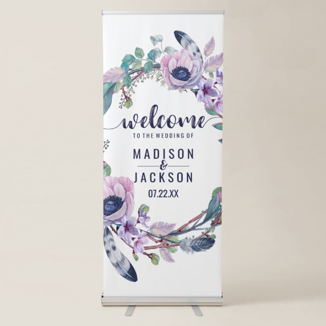 Boho Feather & Floral Wreath Wedding Welcome Retractable Banner (Front)