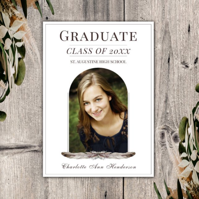 Boho Feather Frame Graduation Announcement | White (Boho Feather Frame Graduation Announcement)