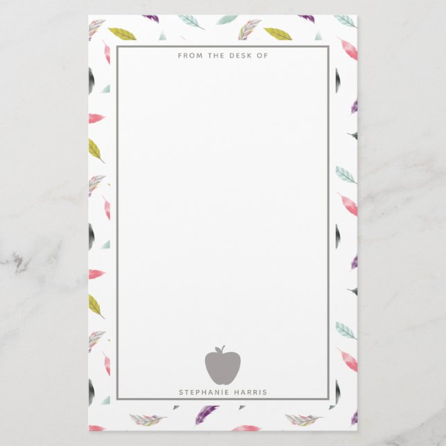 Boho Feather Gray Apple Teacher Stationery (Front)