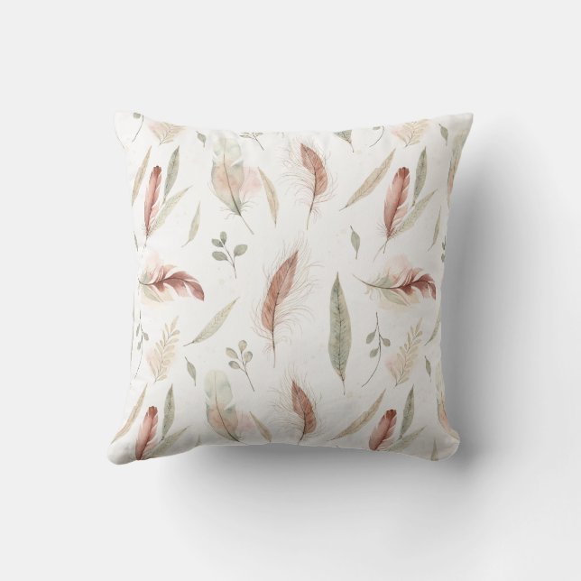 Boho Feather & Leaf Scatter Watercolour Pattern Cushion (Back)