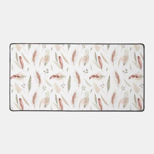 Boho Feather & Leaf Scatter Watercolour Pattern Desk Mat (Front)