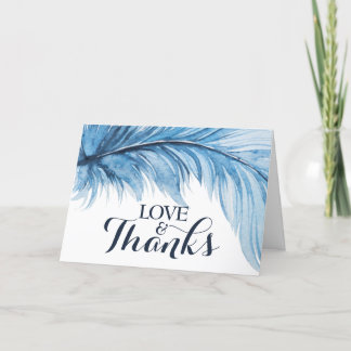 Boho Feather Navy Blue Watercolor Wedding Thank You Card