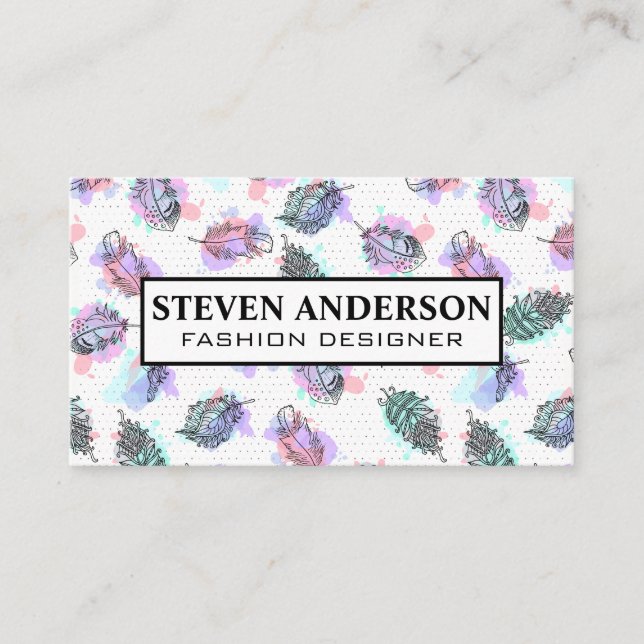 Boho Feather Pattern Background Business Card (Front)