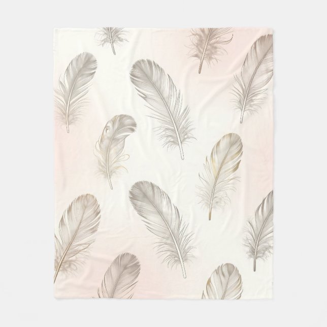 Boho Feather Pattern Soft Neutral Tones Fleece Blanket (Front)