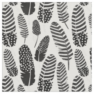 Boho Feather Pattern Watercolor Black and White Fabric
