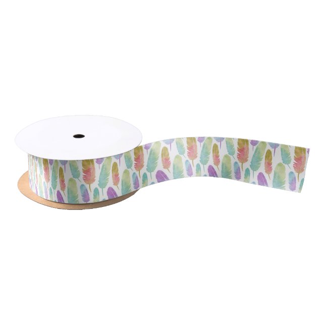 Boho Feather Pattern Watercolor Rainbow Satin Ribbon (Spool)