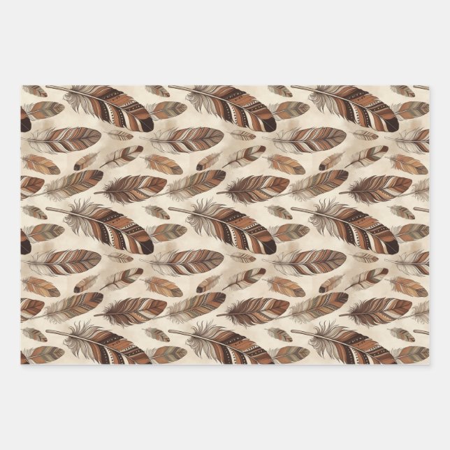 Boho Feather Pattern Wrapping Paper Sheet (Front)