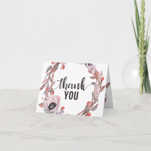 Boho Feather Peach Floral Wreath Wedding Thank You (Front)