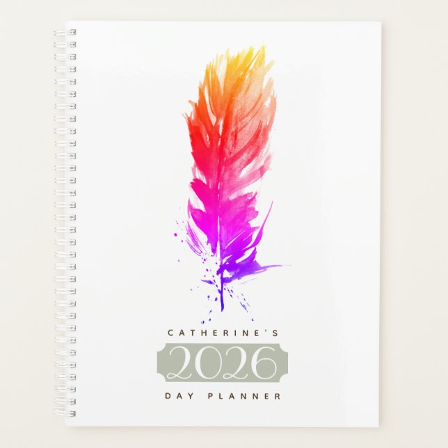 Boho Feather Personalized Day Planner Agenda 2026 (Front)