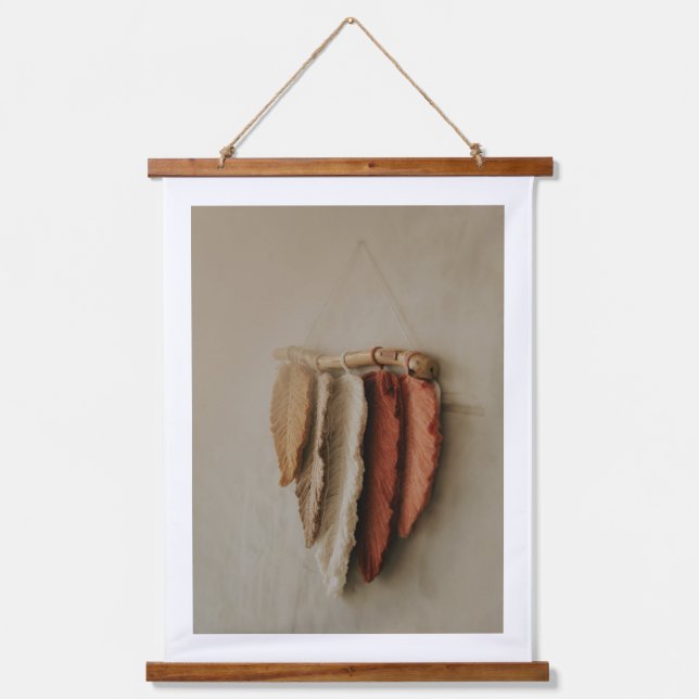 Boho Feather Wall Hanging Art, Rustic Neutral Home Tapestry (Front)