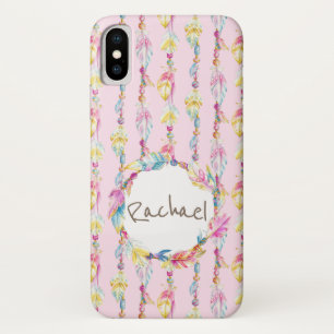 Boho feather watercolor art name pink case