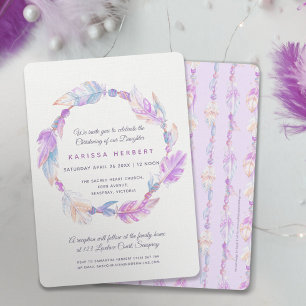 Boho feather watercolor purple christening invitation